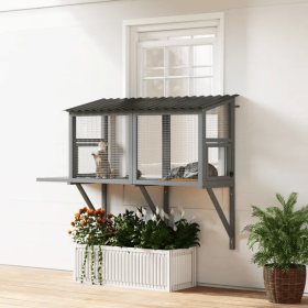 Wooden Cat Catio, Outdoor Cat Enclosure Window Perch With Jumping Platform (Color: Grey)