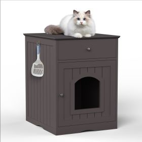 Wooden Pet House Cat Litter Box Enclosure With Drawer & Side Table (Color: Brown)