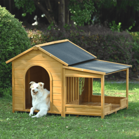 60.2 Large Wooden Dog House With Porch, Cabin Style Dog Crate With Asphalt Roof And Elevated Floor, Dog Kennel With Side Window And Doors, Perfec (Option: Natural)